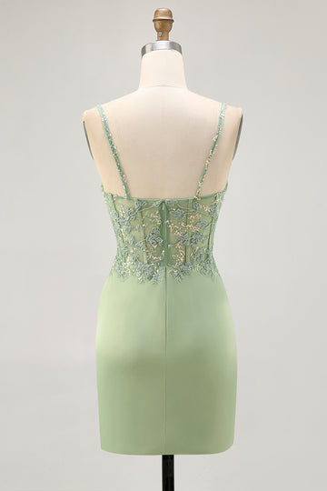 Corset Satin Matcha Tight Homecoming Dress with Appliques